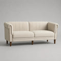 Canapé 2 places beige en tissu polyester effet lin avec accoudoirs arrondis et pieds en bois massif, 180 × 82 × 80 cm