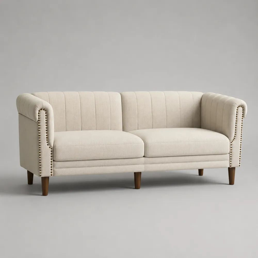 Canapé 2 places beige en tissu polyester effet lin avec accoudoirs arrondis et pieds en bois massif, 180 × 82 × 80 cm