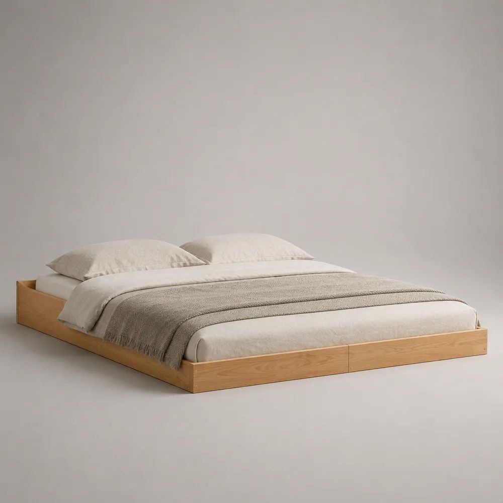 Lit plateforme double en bois finition chêne naturel 160 × 200 cm sans tête de lit