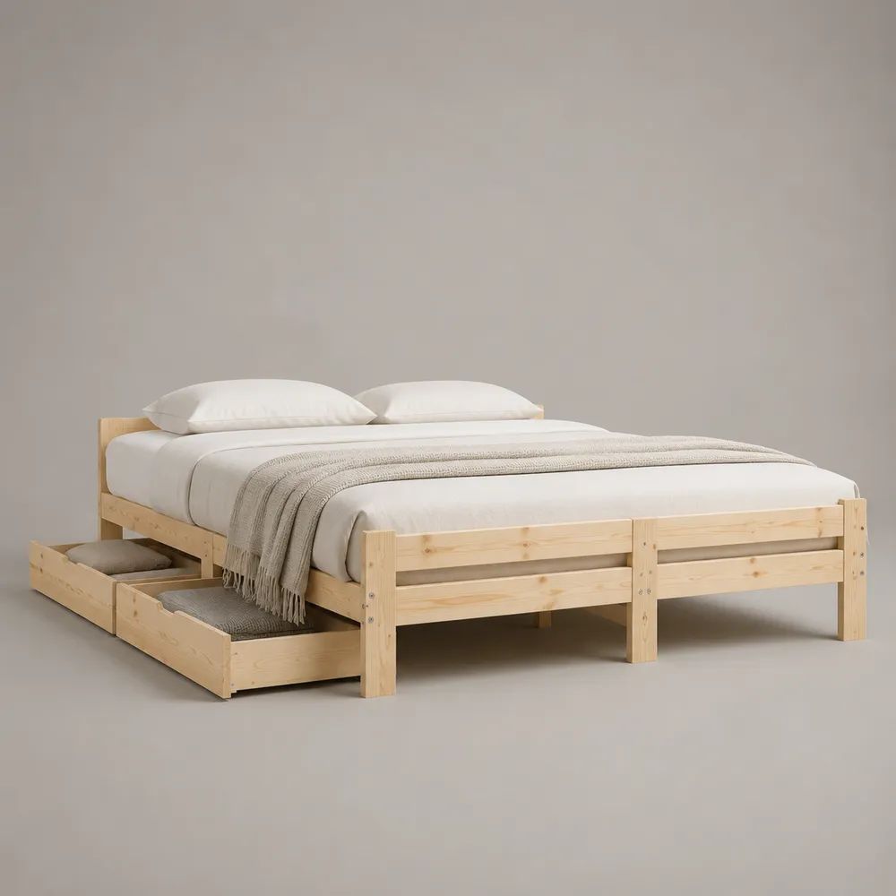Lit double 160 x 200 cm en bois beige clair avec sommier à lattes et 2 tiroirs de rangement