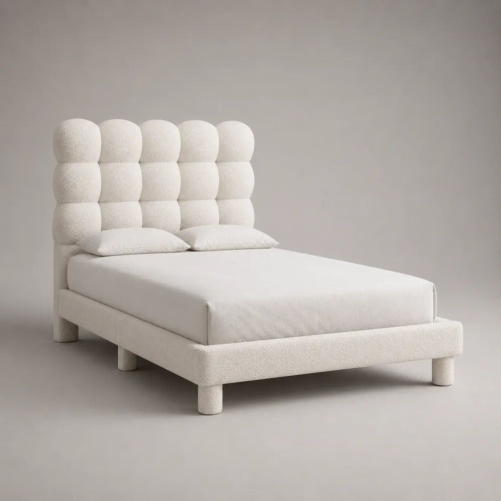 Lit double 160 x 200 cm avec tête de lit rembourrée et revêtement en tissu bouclé blanc cassé