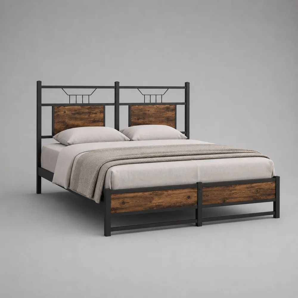Lit double 160 × 200 cm en métal noir avec panneaux effet bois brun