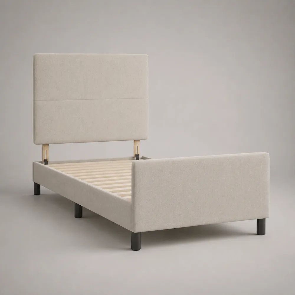 Lit simple rembourré beige et noir avec tête de lit et sommier à lattes, couchage 90 × 190 cm, dimensions 202 × 101 × 115 cm