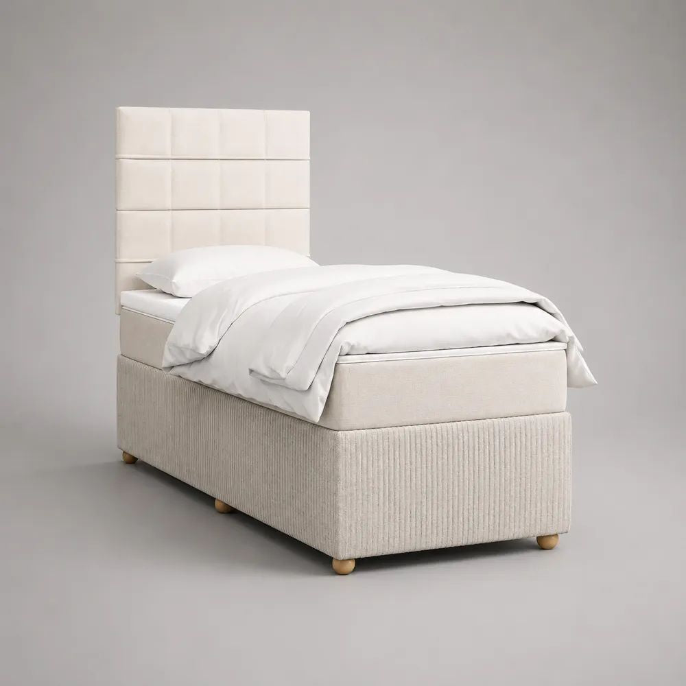 Lit simple rembourré en tissu côtelé crème avec sommier, matelas à ressorts ensachés et tête de lit, 90 × 190 cm