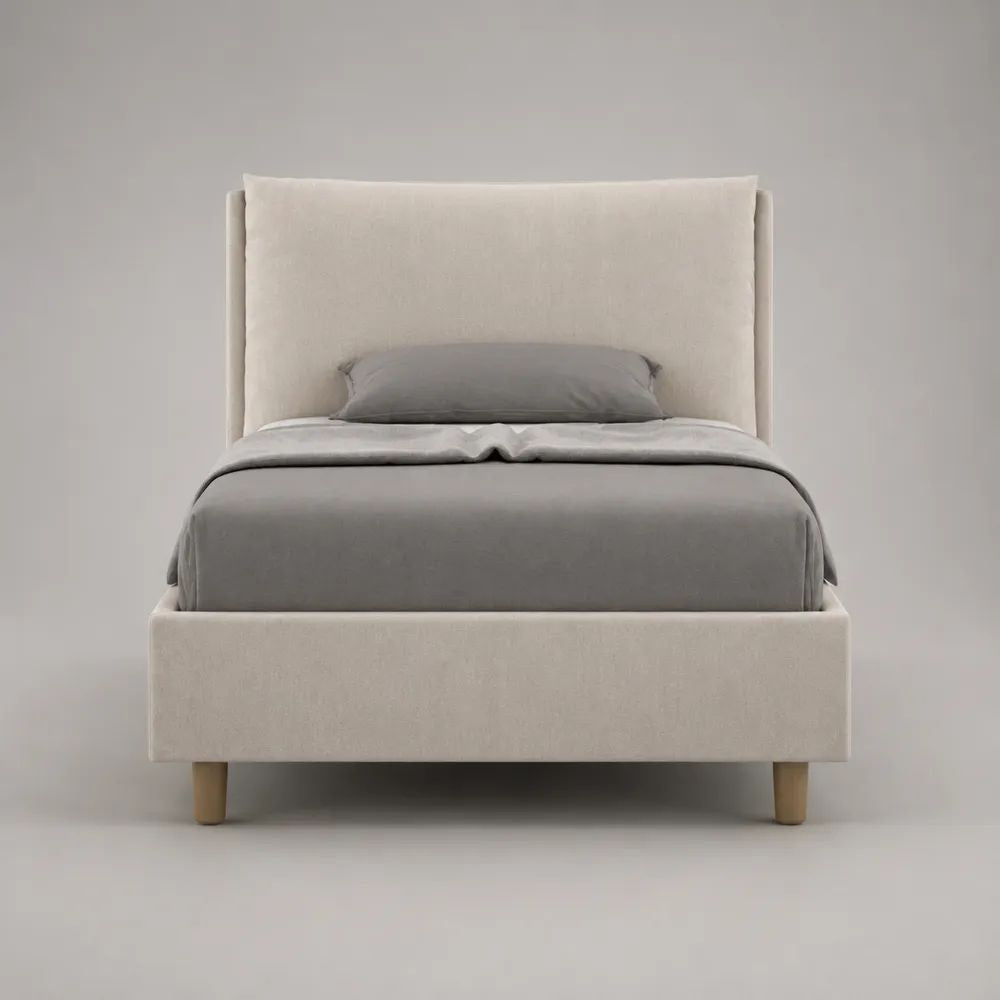 Lit simple rembourré écru et bois naturel avec sommier à lattes et tête de lit rectangulaire, couchage 90 × 190 cm