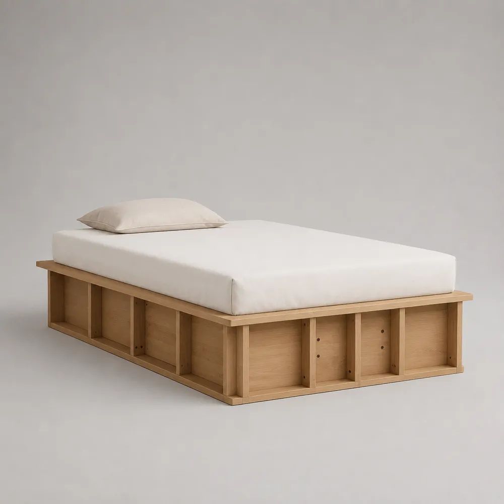 Cadre de lit simple plateforme en bois massif avec rangements, chêne clair, 200 x 100 x 45 cm, couchage 90 x 190 cm