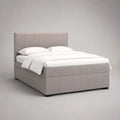 Lit double rembourré en tissu beige clair 160 × 200 cm avec tête de lit et sommier à lattes, 215 × 176 × 115 cm