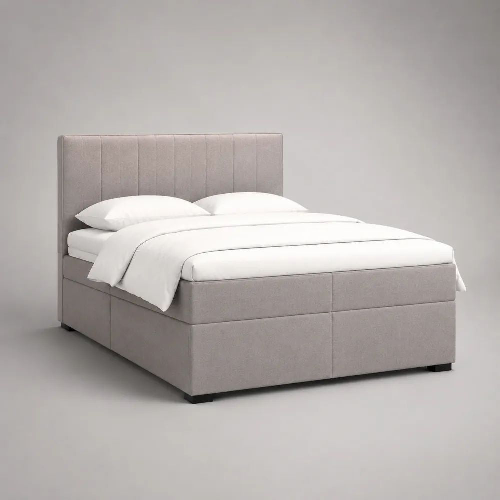 Lit double rembourré en tissu beige clair 160 × 200 cm avec tête de lit et sommier à lattes, 215 × 176 × 115 cm