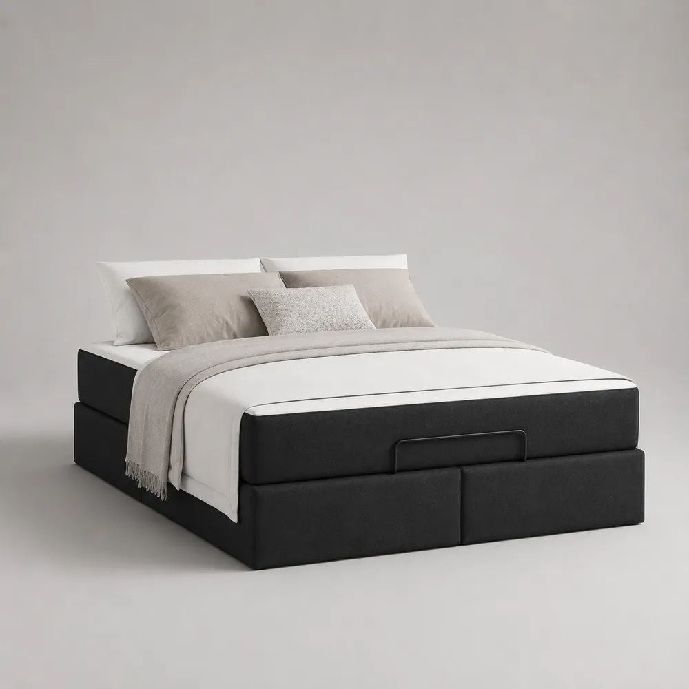 Lit double noir et blanc en tissu avec matelas 160 x 200 cm et deux sommiers en pin massif