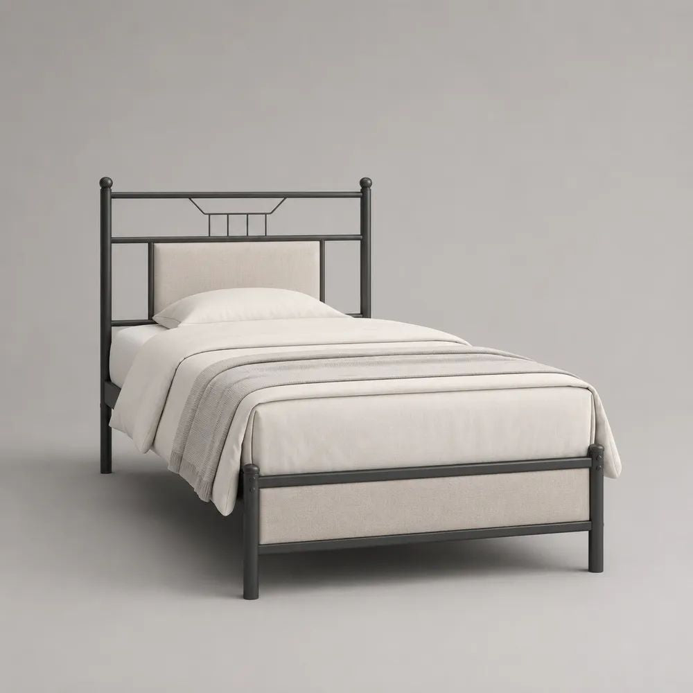 Lit simple 90 x 190 cm avec sommier en acier et panneaux rembourrés, noir et beige