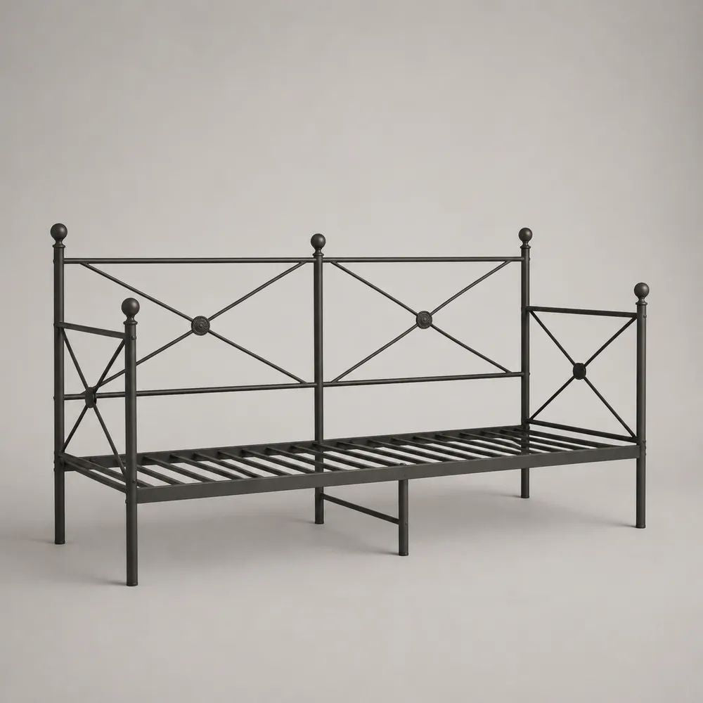 Lit banquette 1 place en acier noir avec sommier intégré, couchage 90 x 200 cm, dimensions 208 x 96 x 110 cm