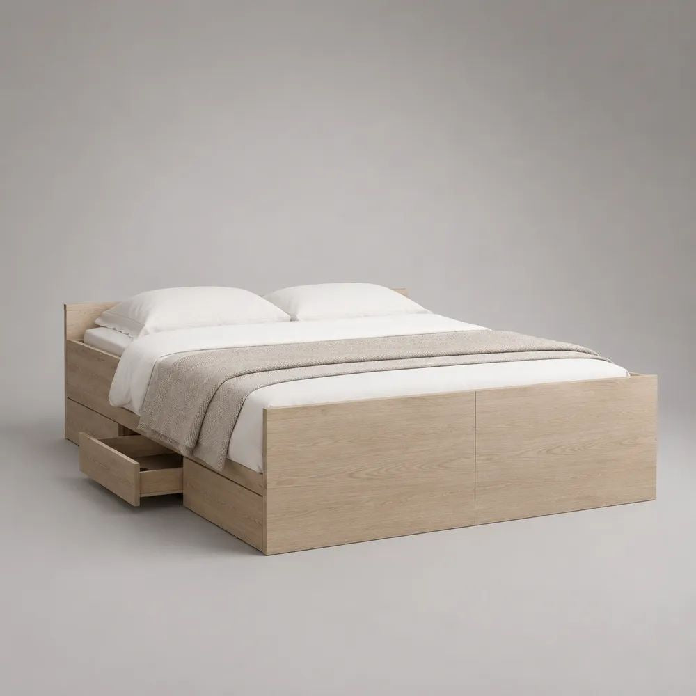 Lit double avec rangement, 4 tiroirs, panneaux de particules mélaminés effet chêne clair, 208 x 166 x 90 cm, couchage 160 x 200 cm