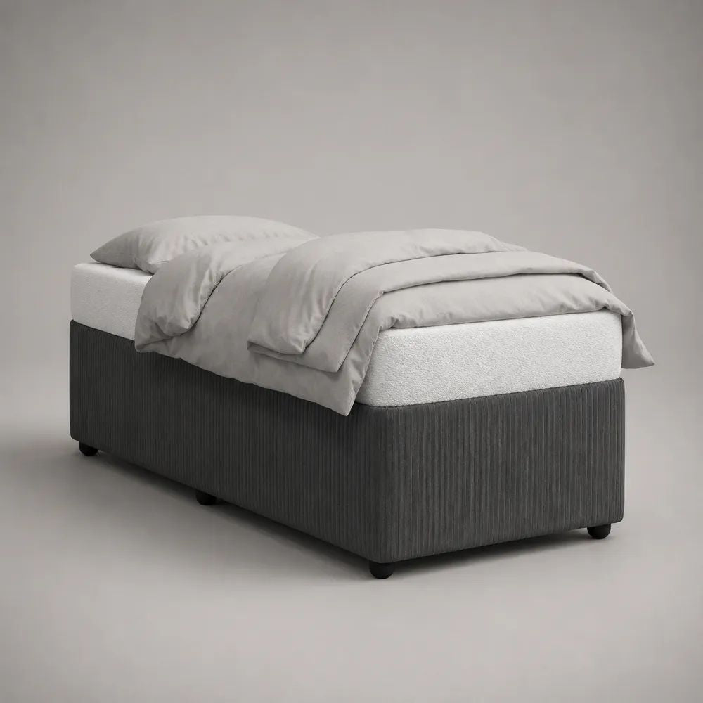 Lit simple rembourré avec sommier en velours côtelé gris anthracite pour matelas 90 x 190 cm, dimensions 200 x 100 x 43 cm