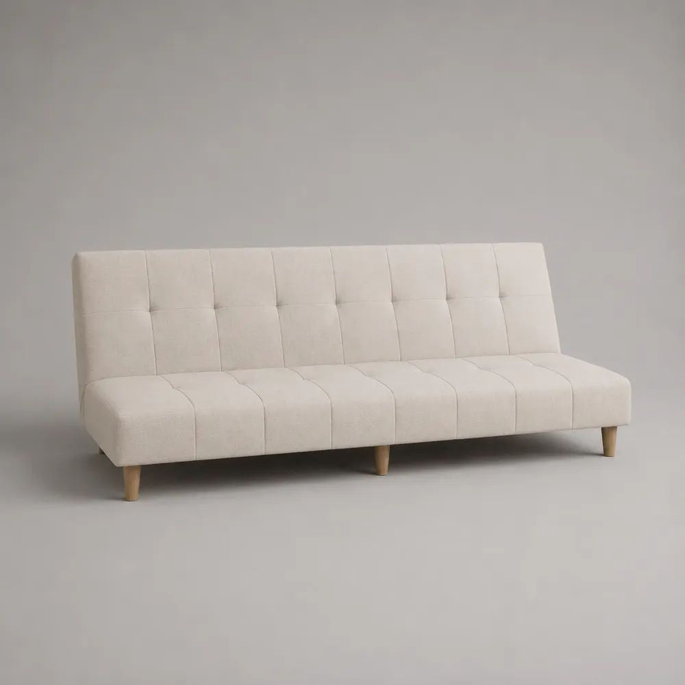 Canapé convertible clic-clac droit 3 places en tissu beige capitonné avec pieds en bois clair, 190 x 86 x 80 cm, couchage 190 x 105 cm