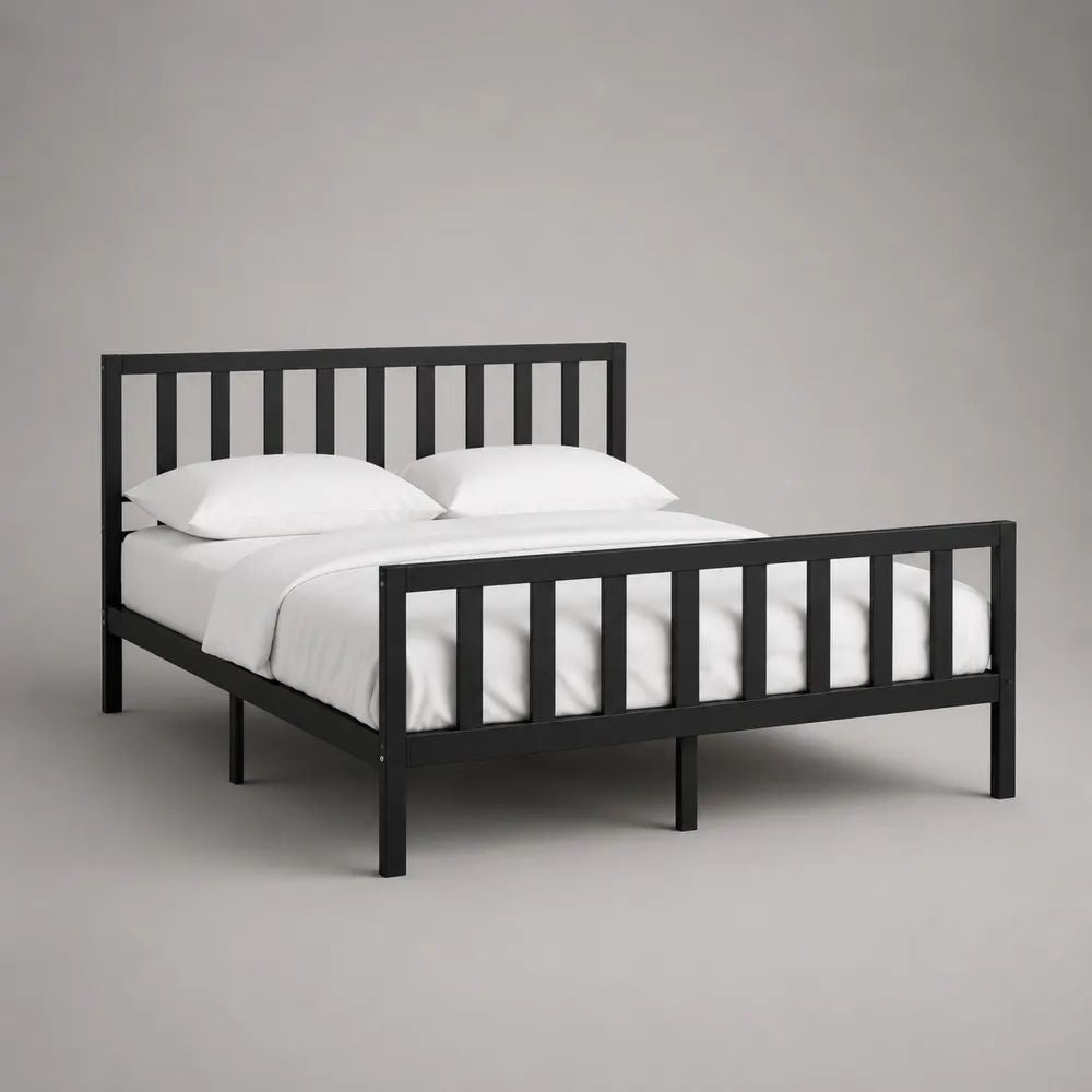 Cadre de lit double en acier noir avec tête et pied de lit à barreaux, couchage 140 × 190 cm