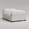 Lit double à sommier tapissier en tissu blanc cassé avec pieds noirs, tête de lit, matelas et surmatelas, couchage 160 x 200 cm, dimensions 168 x 210 x 110 cm