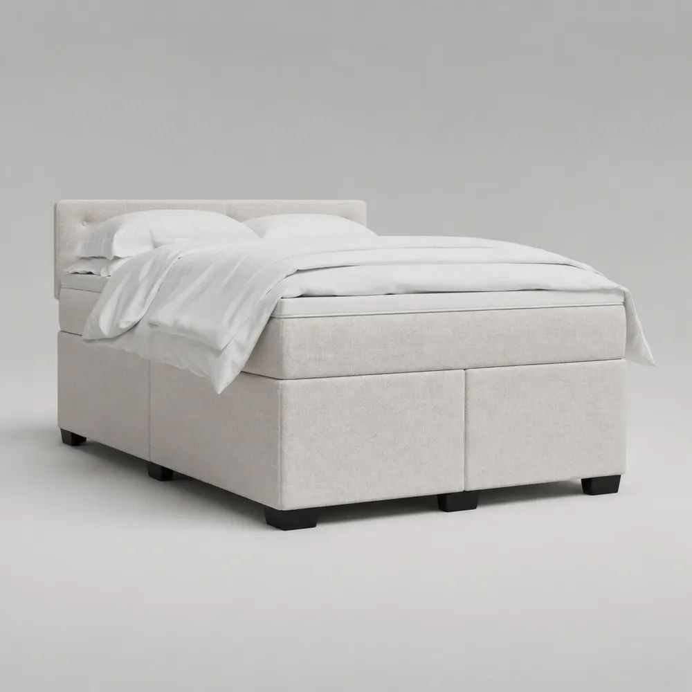 Lit double à sommier tapissier en tissu blanc cassé avec pieds noirs, tête de lit, matelas et surmatelas, couchage 160 x 200 cm, dimensions 168 x 210 x 110 cm