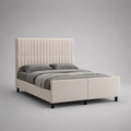 Lit double 160 x 200 cm en velours polyester beige avec tête de lit rembourrée et sommier à lattes