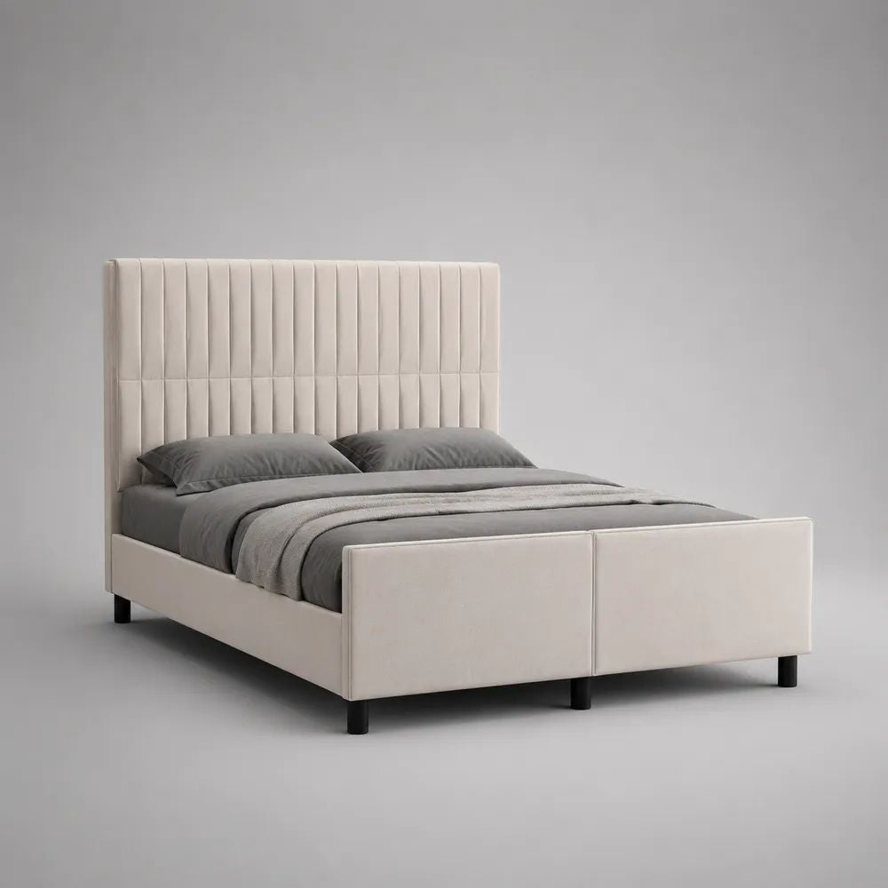 Lit double 160 x 200 cm en velours polyester beige avec tête de lit rembourrée et sommier à lattes