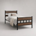 Lit simple 90 x 190 cm en acier noir et bois effet noyer avec sommier intégré