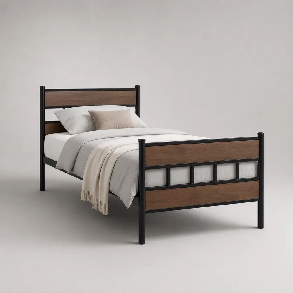 Lit simple 90 x 190 cm en acier noir et bois effet noyer avec sommier intégré