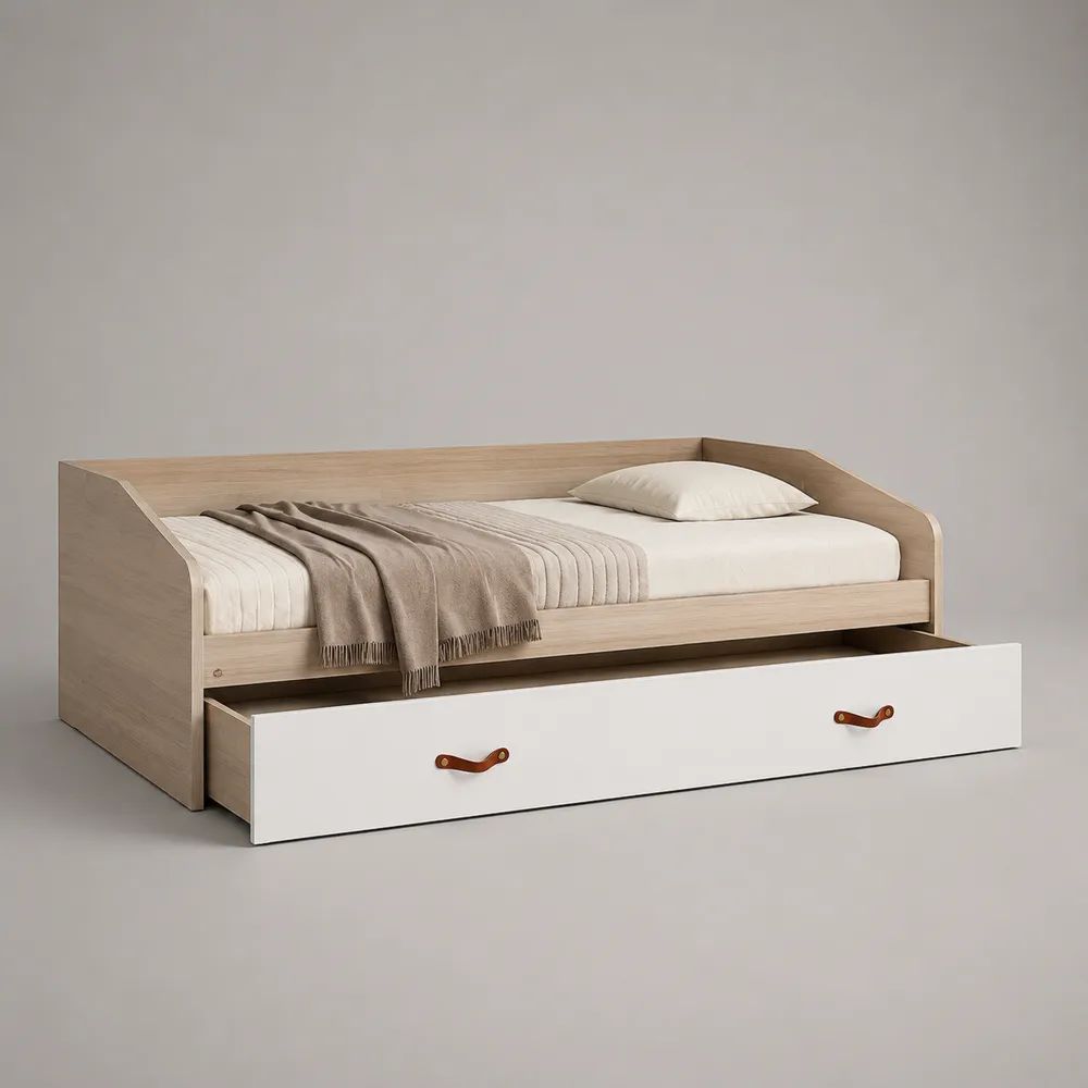 Lit-banquette rectangulaire 1 place en bois avec tiroir de rangement, chêne clair et blanc, couchage 90 × 200 cm, dimensions 205 × 96 × 75 cm