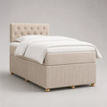 Lit simple rembourré en tissu beige avec tête de lit capitonnée, couchage 90 x 190 cm, dimensions 202 x 102 x 112 cm