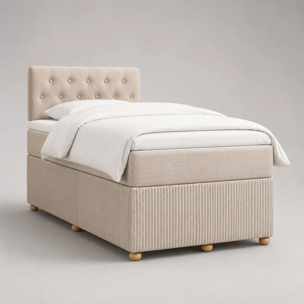Lit simple rembourré en tissu beige avec tête de lit capitonnée, couchage 90 x 190 cm, dimensions 202 x 102 x 112 cm