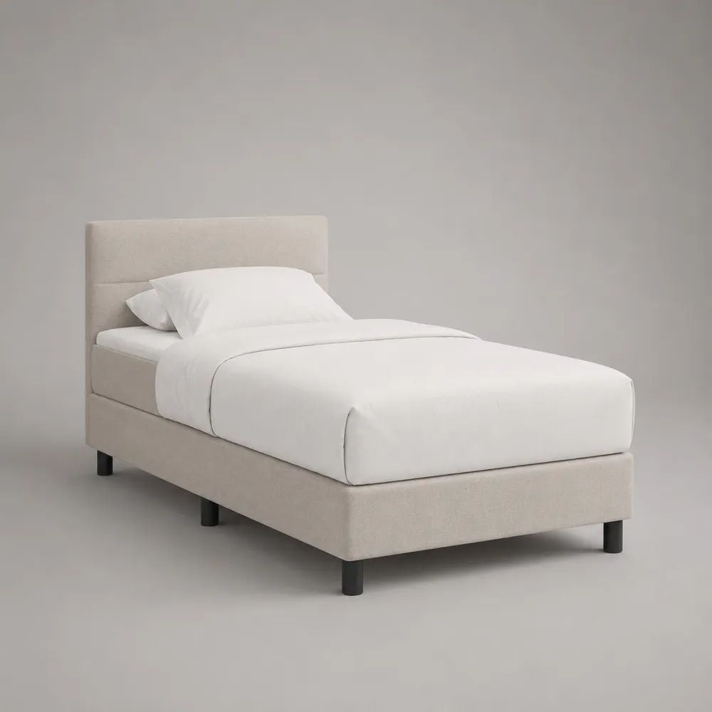 Lit simple rembourré en tissu avec tête de lit et sommier à lattes, beige et noir, couchage 90 × 190 cm