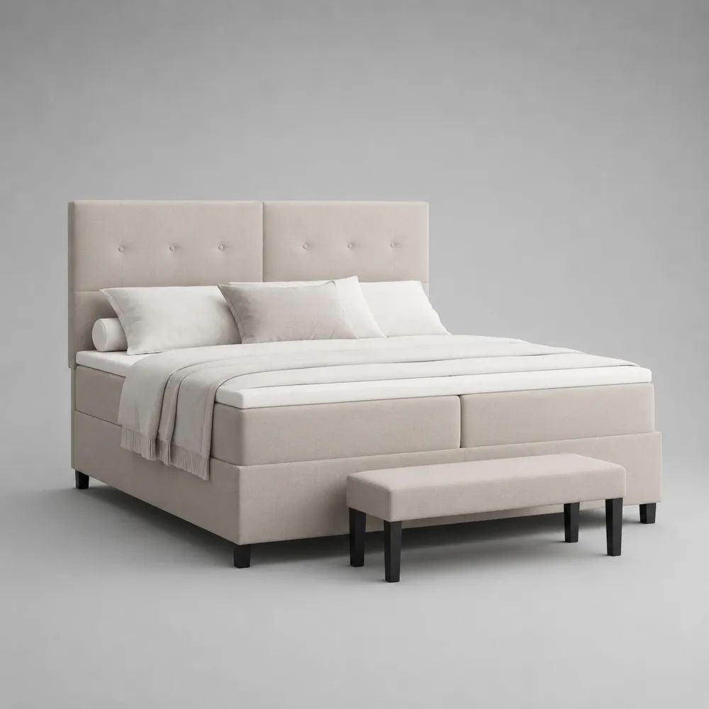 Lit double rembourré en tissu beige avec tête de lit capitonnée et sommier à lattes, couchage 180 x 200 cm