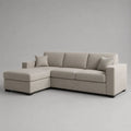 Canapé d’angle 3 places avec méridienne gauche en polyester texturé beige, forme en L, 230 × 150 × 86 cm
