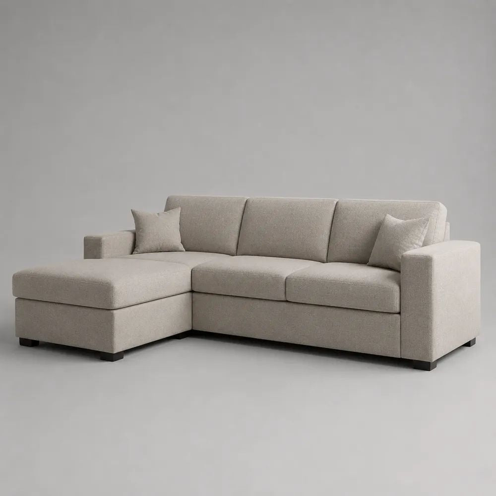 Canapé d’angle 3 places avec méridienne gauche en polyester texturé beige, forme en L, 230 × 150 × 86 cm