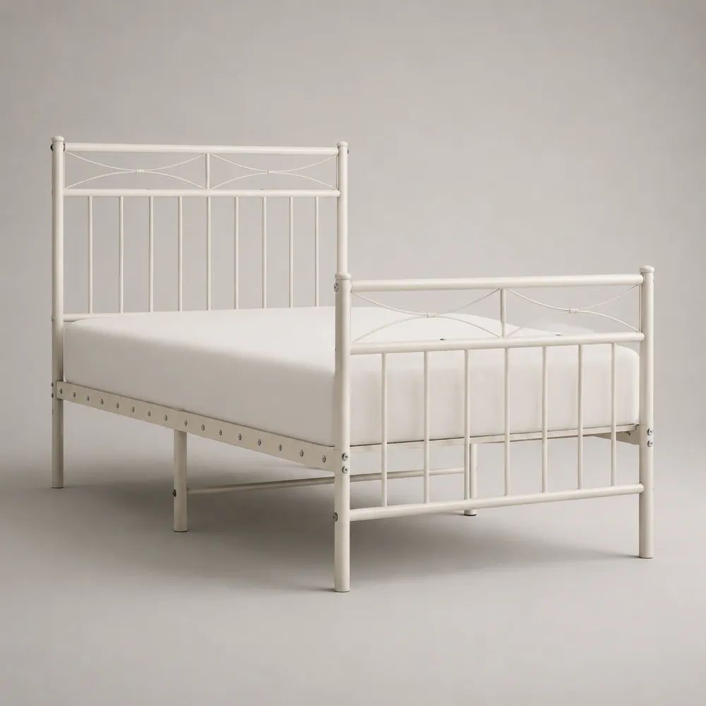 Lit double 140 x 190 cm en acier blanc cassé avec tête et pied de lit