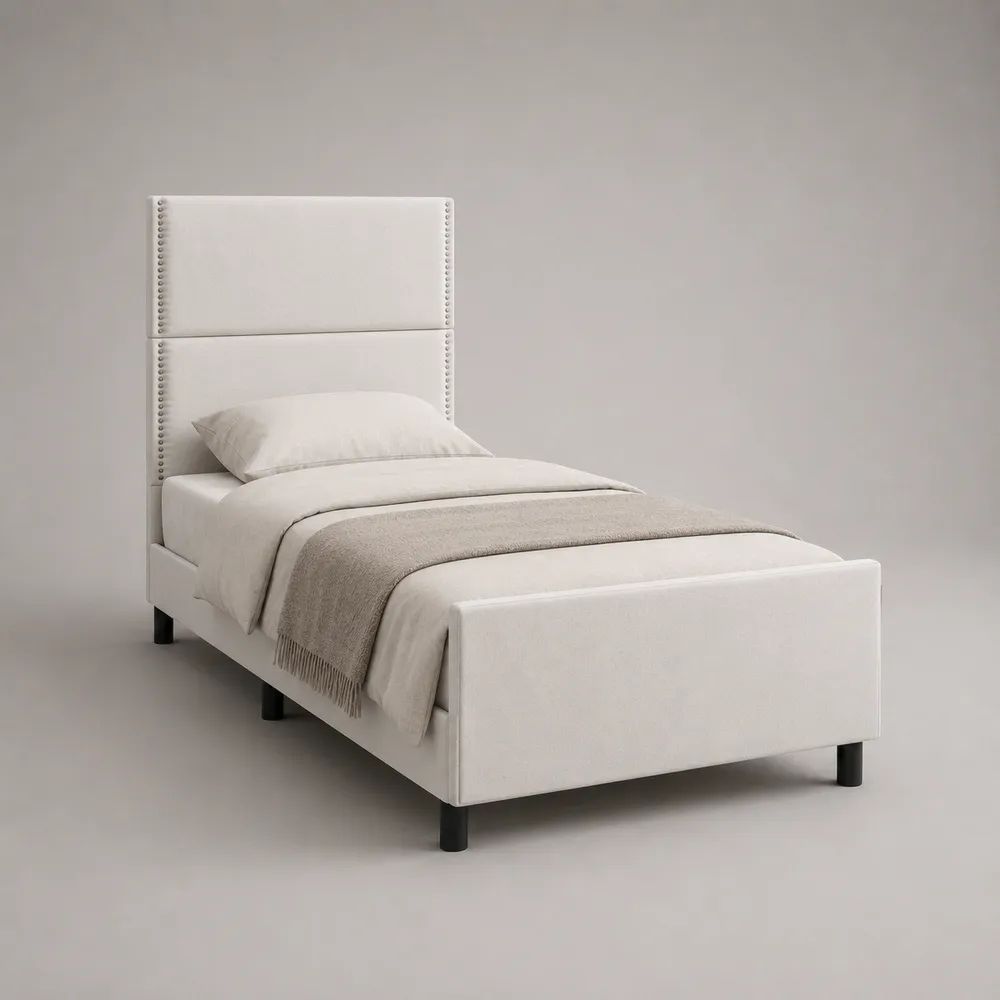 Lit simple rembourré en polyester blanc avec tête de lit cloutée, 204 × 100 × 128 cm, couchage 90 × 190 cm