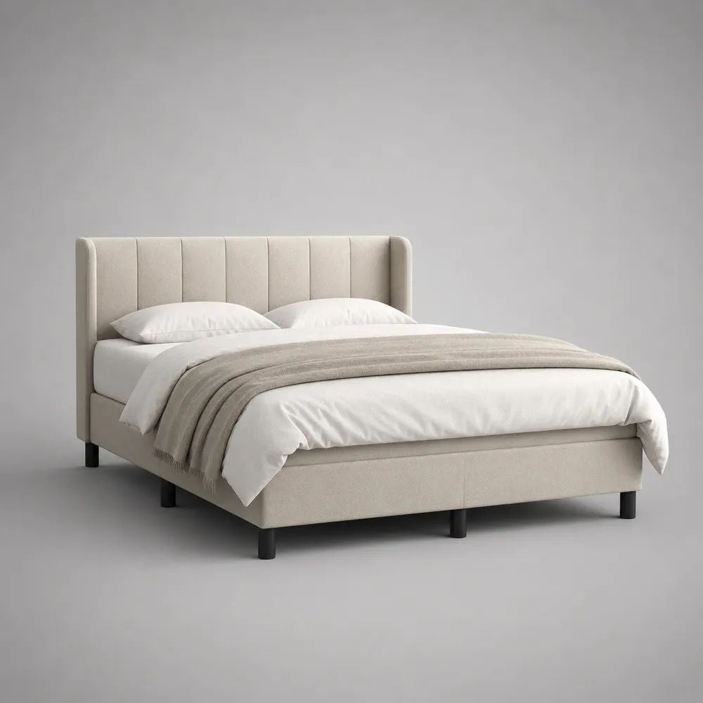 Lit double rembourré 160 × 200 cm en polyester beige, cadre 170 × 215 × 110 cm