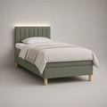 Lit simple rembourré 90 x 190 cm avec sommier à lattes et tête de lit en tissu vert sauge