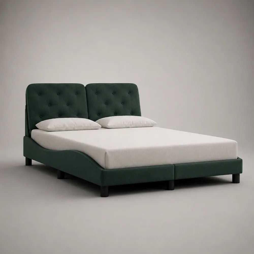 Lit double rembourré en velours vert foncé, couchage 180 x 200 cm, tête de lit capitonnée, dimensions 215 x 190 x 110 cm