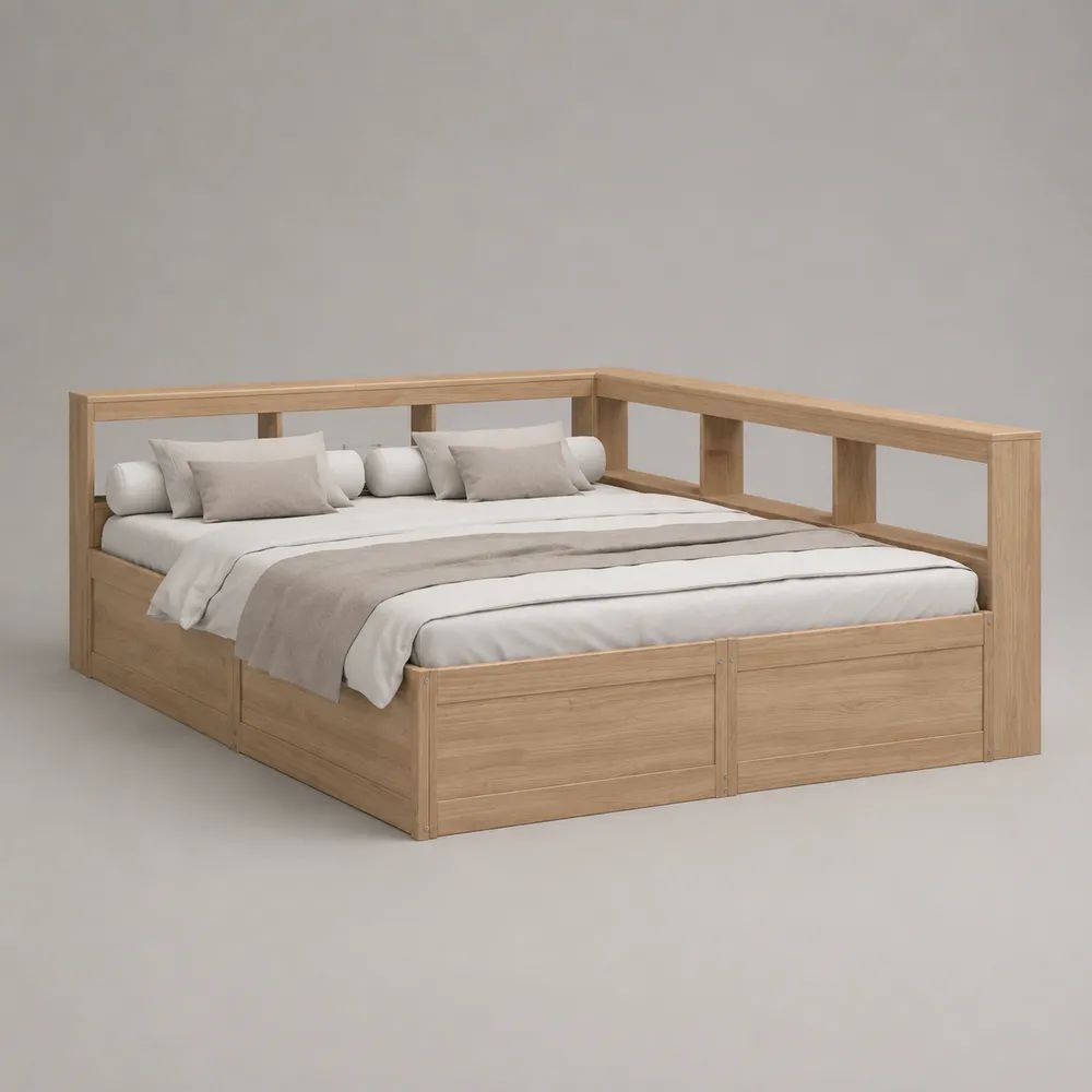 Lit-banquette double en bois 180 × 200 cm, dimensions hors tout 208 × 188 × 80 cm, chêne naturel