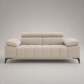 Canapé droit 2 places en chenille polyester crème et métal noir avec 2 appuie-tête, 180 x 95 x 92 cm