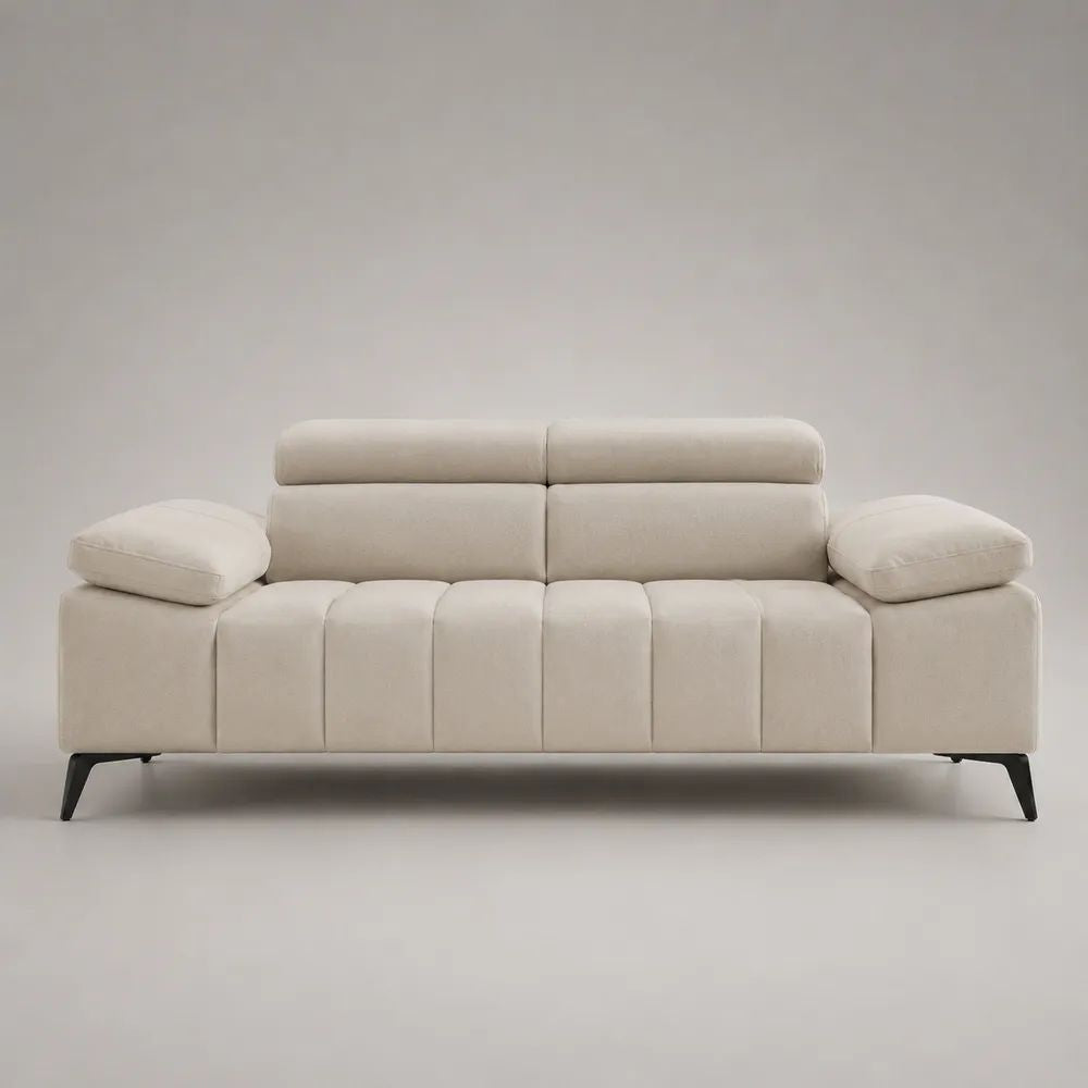 Canapé droit 2 places en chenille polyester crème et métal noir avec 2 appuie-tête, 180 x 95 x 92 cm
