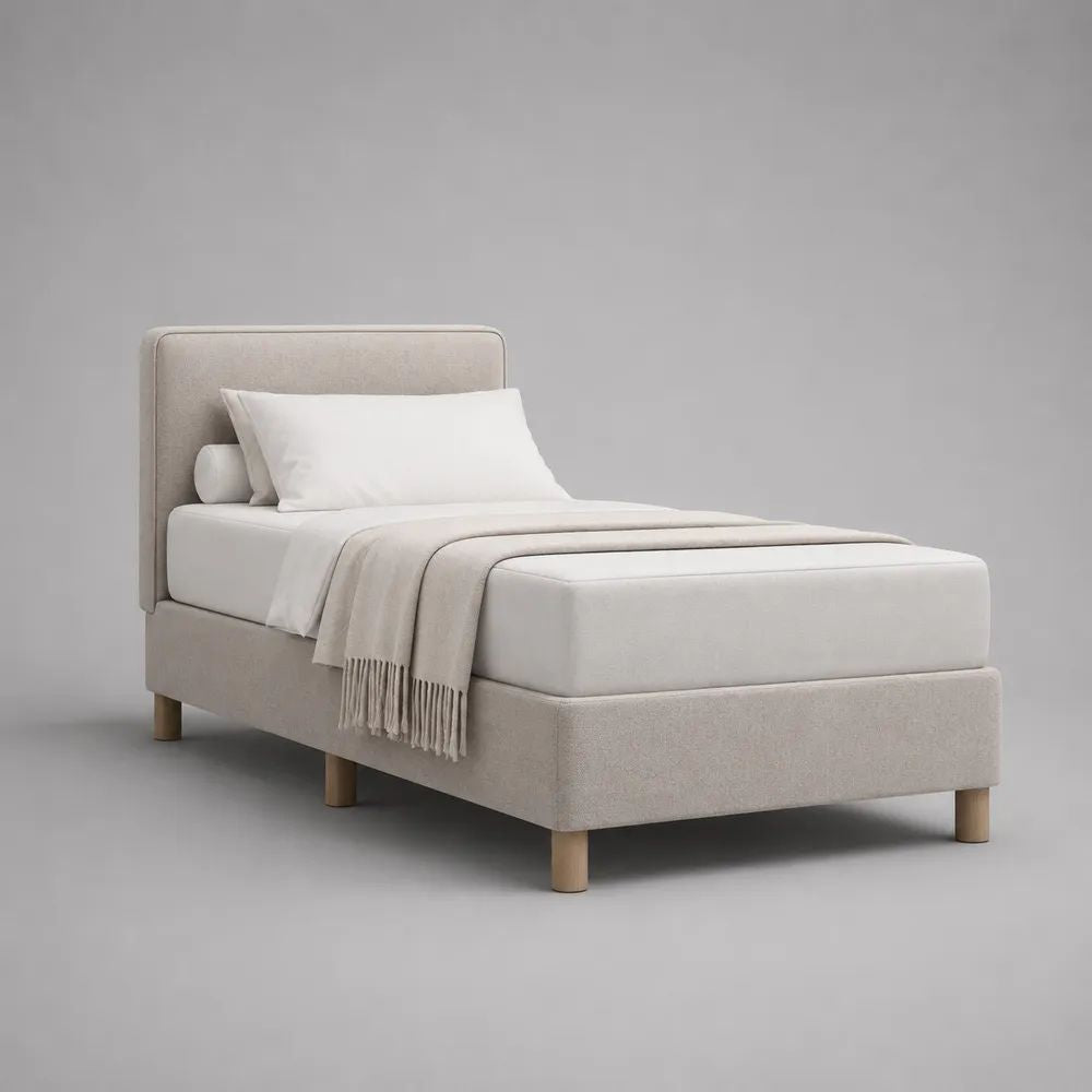 Lit simple 90 x 190 cm en tissu beige avec tête de lit rembourrée et sommier à lattes