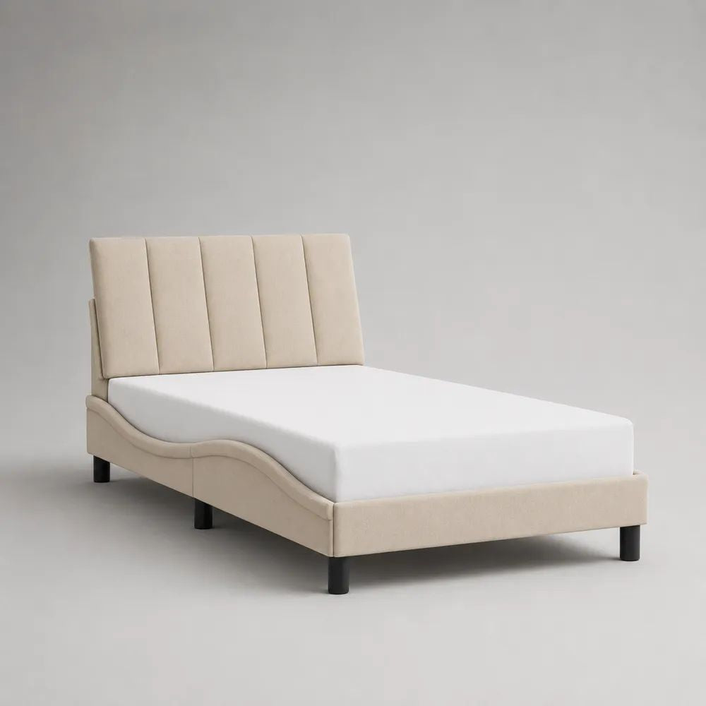 Lit double 140 x 190 cm en tissu beige, tête de lit rembourrée, cadre 205 x 150 x 110 cm et pieds noirs