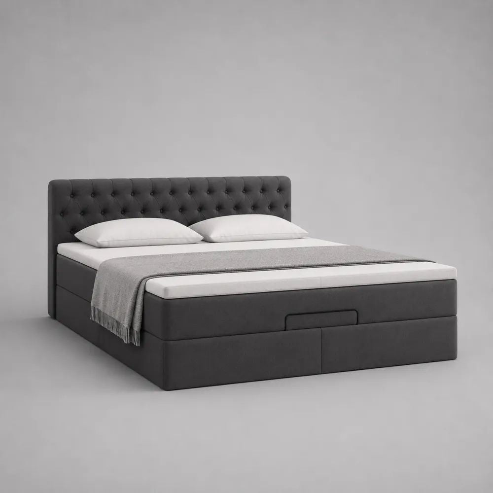 Lit coffre double 160 x 200 cm en tissu gris anthracite avec sommier relevable et tête de lit capitonnée