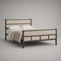 Lit double 140 x 190 cm en acier gris anthracite avec tête et pied rembourrés beige, dimensions 198 x 146 x 120 cm