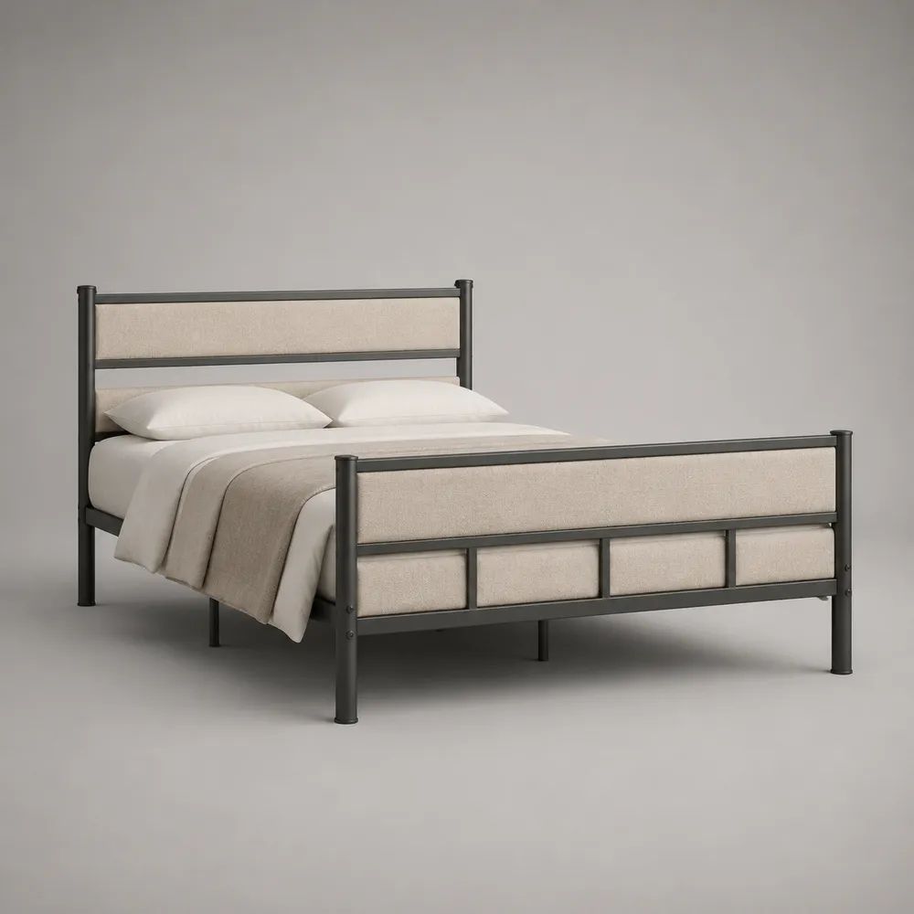 Lit double 140 x 190 cm en acier gris anthracite avec tête et pied rembourrés beige, dimensions 198 x 146 x 120 cm