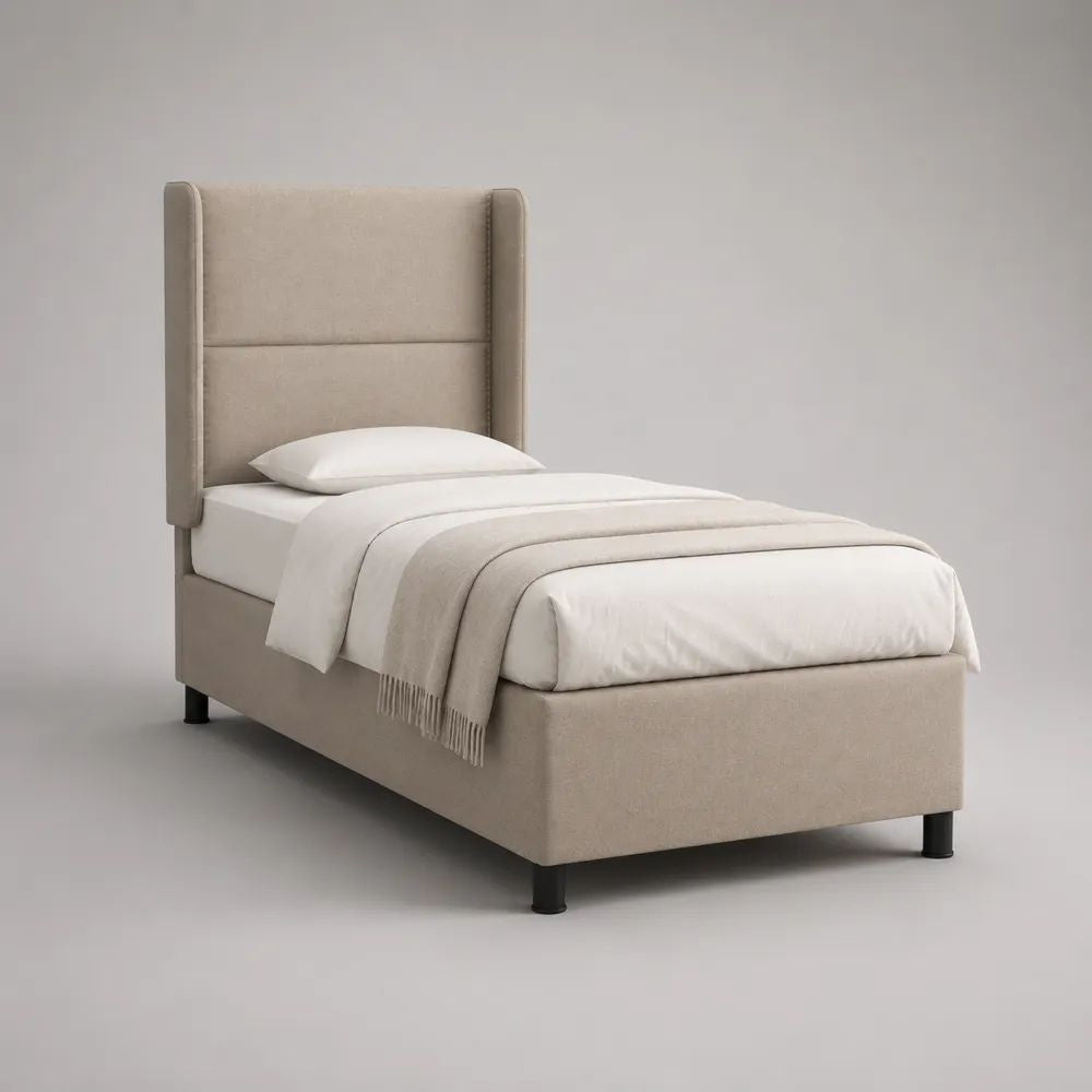 Cadre de lit simple rembourré en polyester beige avec tête de lit à ailettes, couchage 90 × 190 cm, dimensions 205 × 105 × 140 cm
