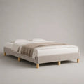 Lit double rembourré sans tête de lit en polyester beige clair, couchage 160 x 200 cm, dimensions 208 x 168 x 35 cm