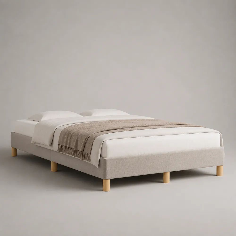 Lit double rembourré sans tête de lit en polyester beige clair, couchage 160 x 200 cm, dimensions 208 x 168 x 35 cm