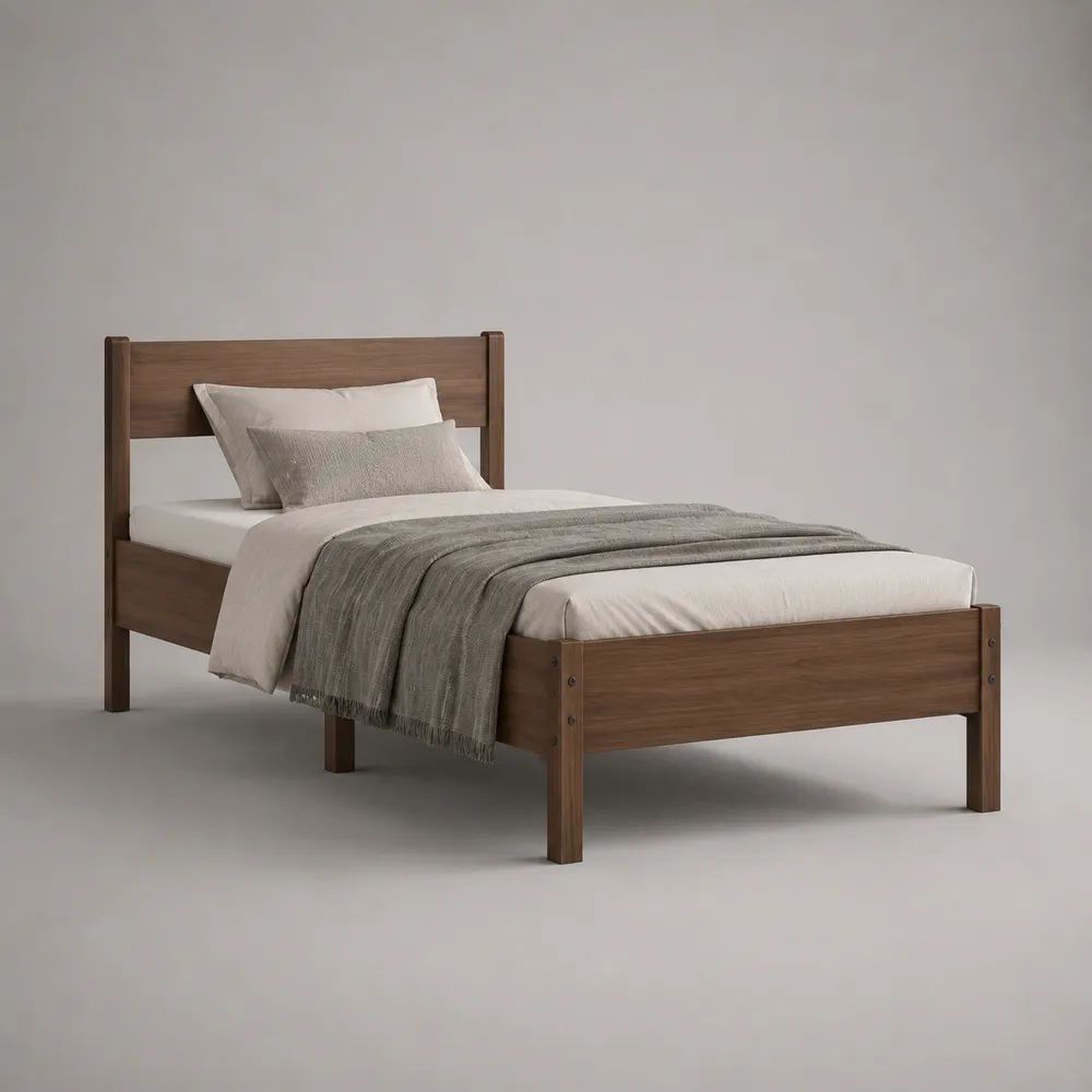 Lit simple en bois brun noyer avec tête de lit, couchage 90 x 190 cm, dimensions 198 x 98 x 100 cm
