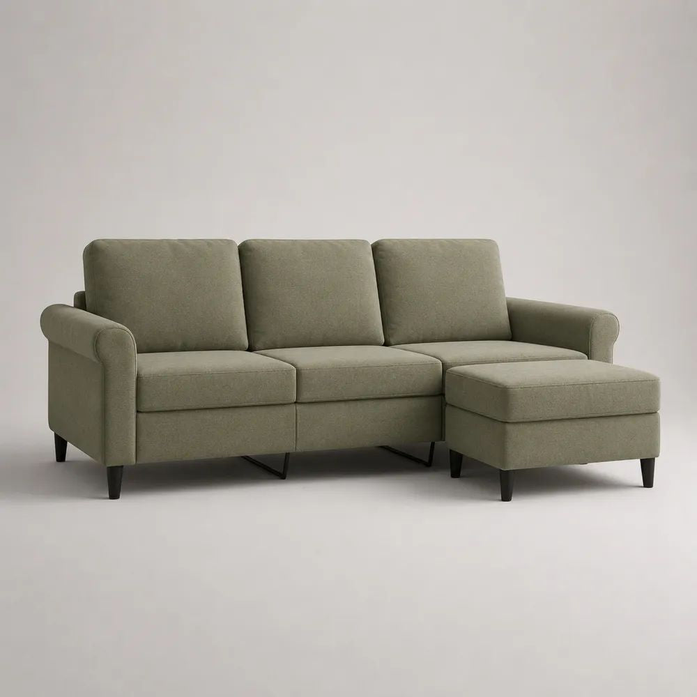 Canapé droit 3 places en tissu vert olive avec pouf indépendant, 190 × 80 × 88 cm, pouf 68 × 55 × 43 cm